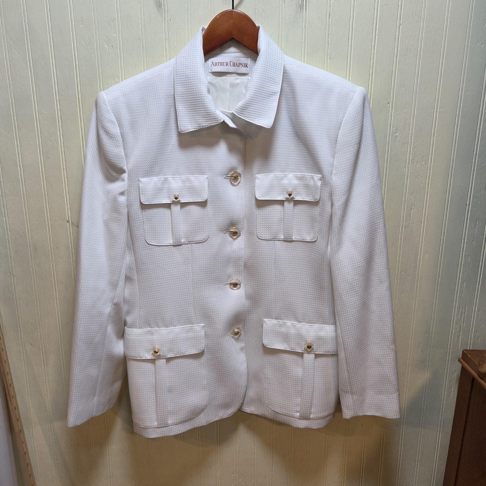 Vintage Arthur Chapnik Blazer Jacket Womens 14 White Lined Gold Buttons USA